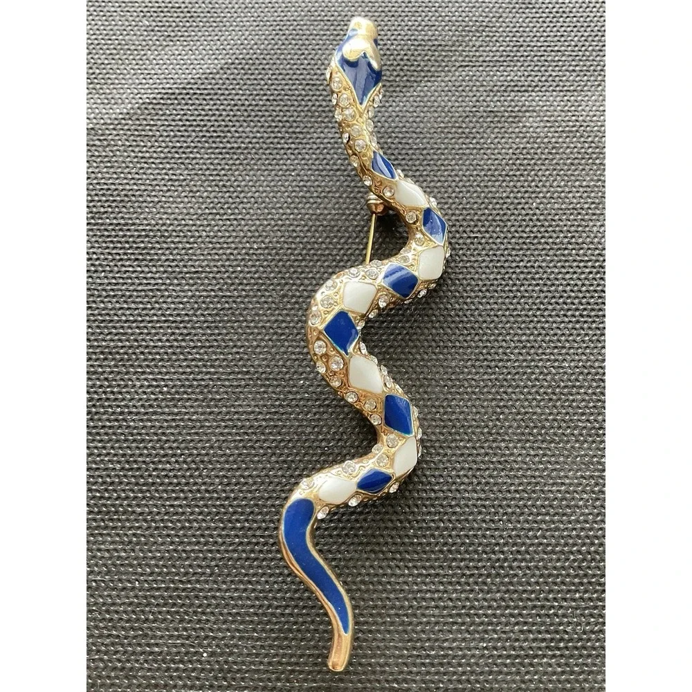 Vintage Gold Tone Snake Brooch Pin Blue White Enamel Rhinestones - Picture 6 of 8